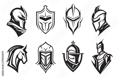 Warrior helmets black icons or logos set. Knight armor, vector illustration