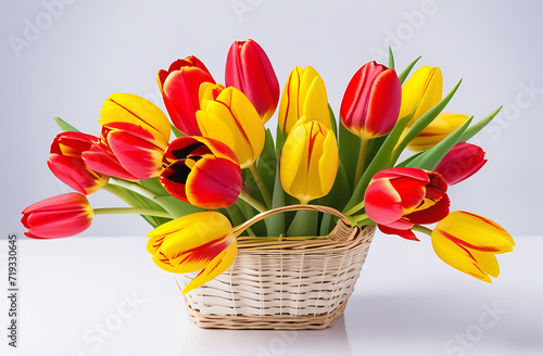 Yellow and red tulip flowers in a basket on the table. Holiday concept, postcards.