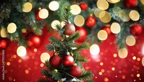 christmas tree with ornament and bokeh lights in red background