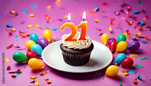 Birthday cupcake with burning lit candle with number 21. Number twentyone for twentyone years or twentyfirst anniversary. photo