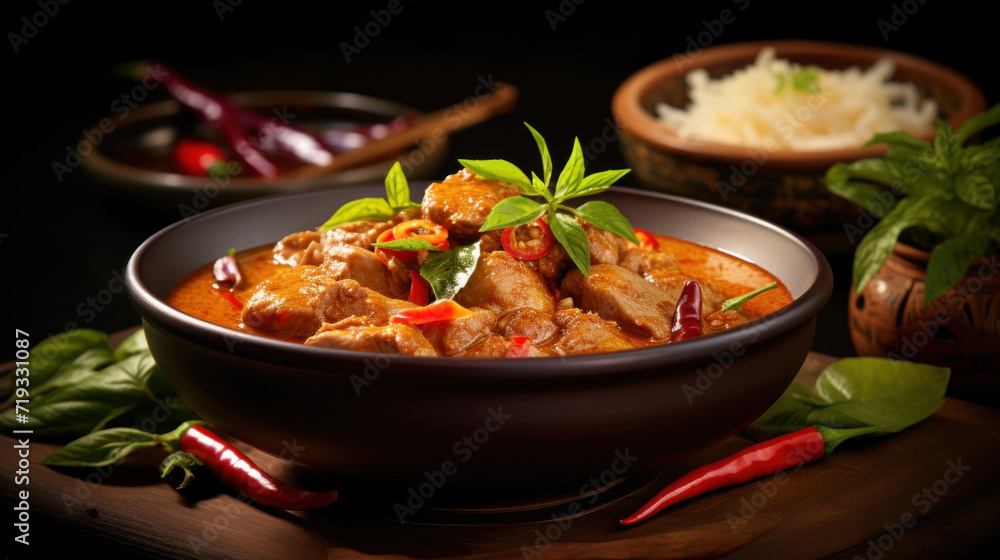 Thai food, panang curry in bowl with pork. Thai food, panang curry in bowl with pork.