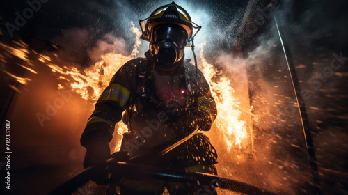 Close up of Fireman using water and extinguisher to fighting with fire flame.
