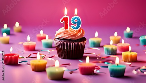 Birthday cupcake with burning lit candle with number 19. Number nineteen for nineteen years or nineteenth anniversary. photo