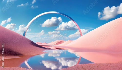 3d render abstract fantasy panoramic background surreal scenery of pink sand dunes under the blue sky with white clouds mirror geometric portal above the calm water modern minimal wallpaper