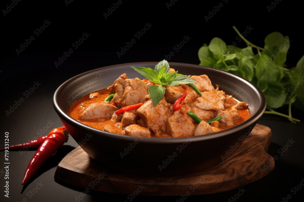 Thai food, panang curry in bowl with pork.