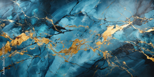 Blue marble background with gold threads. Marble or granite wall with splashes of golden waves