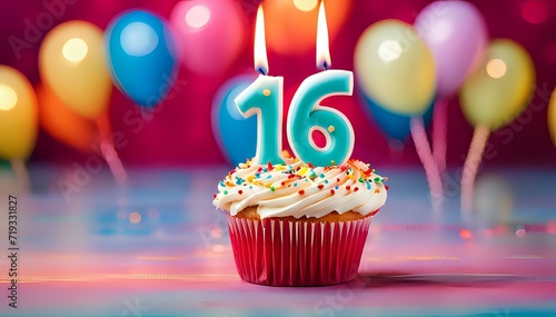 Birthday cupcake with burning lit candle with number 16. Number sixteen for sixteen years or sixteenth anniversary. photo