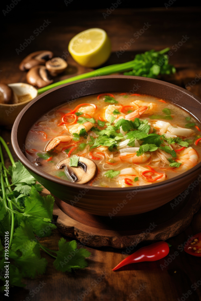 Tom Yam Kung, Prawn and lemon soup with mushrooms, Thai food in wooden bowl. Tom Yam Kung, Prawn and lemon soup with mushrooms, Thai food in wooden bowl.