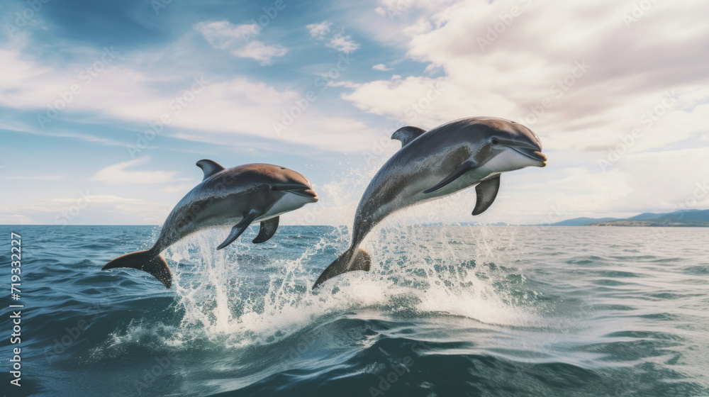Fototapeta premium Two dolphins jumping out of the water.