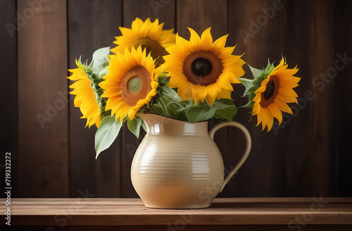 Yellow sunflowers in a vase stand on a wooden table. Holiday concept,