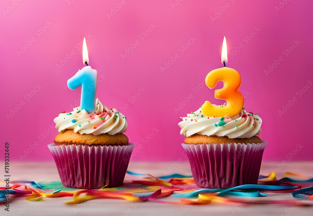 Birthday cupcake with burning lit candle with number 13. Number Thirteen for Thirteen years or thirteenth anniversary. Birthday cupcake with burning lit candle with number 13. Number Thirteen for Thirteen years or thirteenth anniversary.