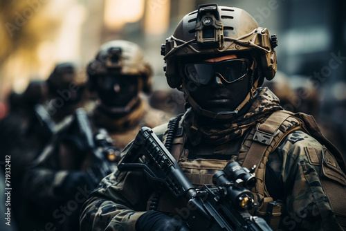 Soldier special forces on a futuristic background. Military concept of the future.