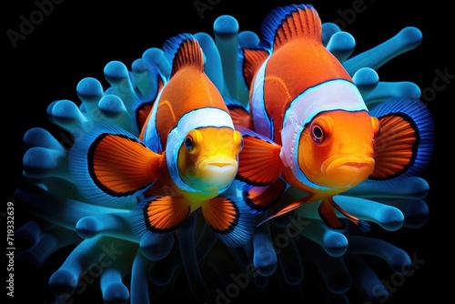 Orange clownfish hides in a beautiful anemone, Beautiful Clownfish, An image of a clownfish nestled among the tentacles of a sea anemone Ai generated