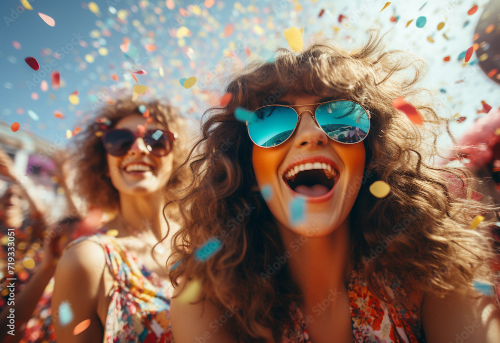 Fototapeta premium Crazy hipster girls. Happy youth party. Optimist. Spring vibes. positive and cheerful. colorful neon paint makeup. children with body art. Girls with colorful hair and face enjoying in the moment.