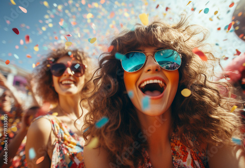 Crazy hipster girls. Happy youth party. Optimist. Spring vibes. positive and cheerful. colorful neon paint makeup. children with body art. Girls with colorful hair and face enjoying in the moment.