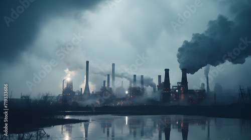 The concept of the problem of exhaust gas emissions into atmosphere by industrial enterprises. Photo shows a huge industrial plant and the amount of smoke and emissions generated during its operation.