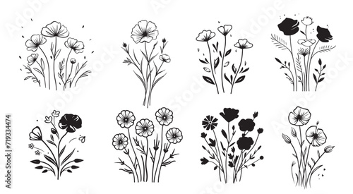 Fototapeta Naklejka Na Ścianę i Meble -  Collection of Premade Hand Drawn Logo with Wild Flower and Leaves. Logo for spa and beauty salon, boutique, organic shop, wedding, floral designer, interior, photography, cosmetic. Floral element