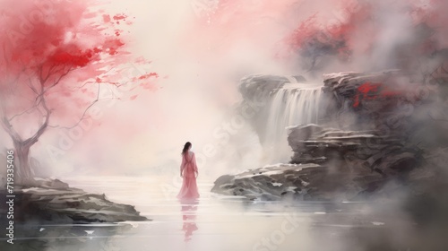 Watercolor asian girl and landscape illustration. East concept design. Neural network AI generated art