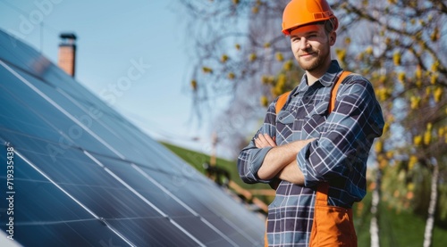 Portrait of a male european engineer in font of solar panel