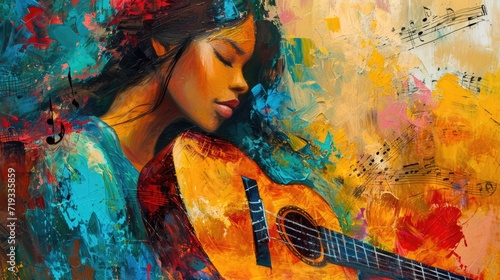Beautiful girl with guitar on colorful background. Oil painting style