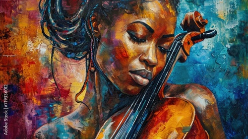 Art painting Acoustic music. Woman playing the cello on a colorful background.