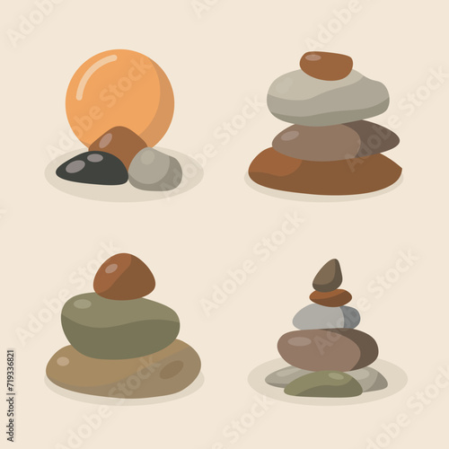 Isolated stack of stacked stones in a Zen garden balance pyramid for yoga, lifestyle, relaxation, traditional Japanese well-being, or the content of mental health in a calm flat vector illustration