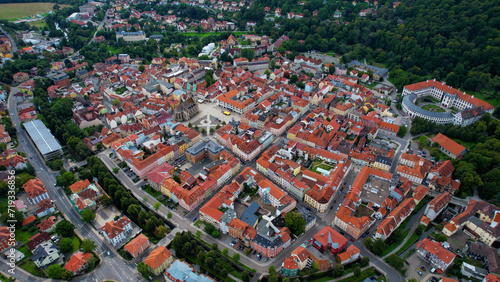 Aerial view of the old town of Meiningen in Germany on a spring day in late afternoon.