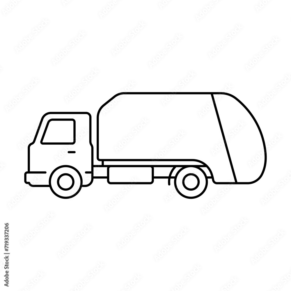 Garbage truck icon. Black contour linear silhouette. Editable strokes. Side view. Vector simple flat graphic illustration. Isolated object on a white background. Isolate.