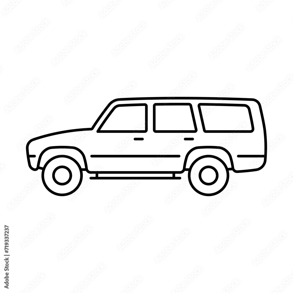 SUV icon. Off-road vehicle. Black contour linear silhouette. Editable strokes. Side view. Vector simple flat graphic illustration. Isolated object on a white background. Isolate. SUV icon. Off-road vehicle. Black contour linear silhouette. Editable strokes. Side view. Vector simple flat graphic illustration. Isolated object on a white background. Isolate.