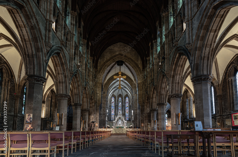 Interior view of St Mary's Episcopal Cathedral or the Cathedral Church of Saint Mary the Virgin. is a cathedral of the Scottish Episcopal Church in Edinburgh, Space for text, Selective focus.