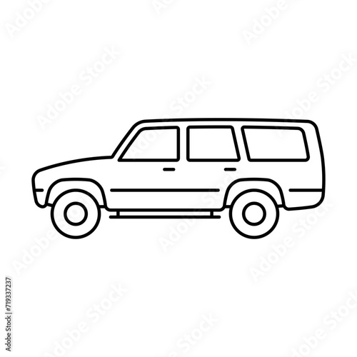 SUV icon. Off-road vehicle. Black contour linear silhouette. Editable strokes. Side view. Vector simple flat graphic illustration. Isolated object on a white background. Isolate.