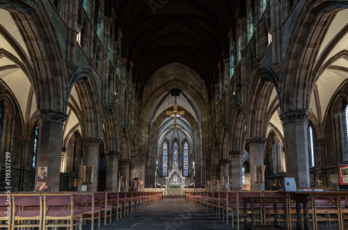 Interior view of St Mary's Episcopal Cathedral or the Cathedral Church of Saint Mary the Virgin. is a cathedral of the Scottish Episcopal Church in Edinburgh, Space for text, Selective focus.