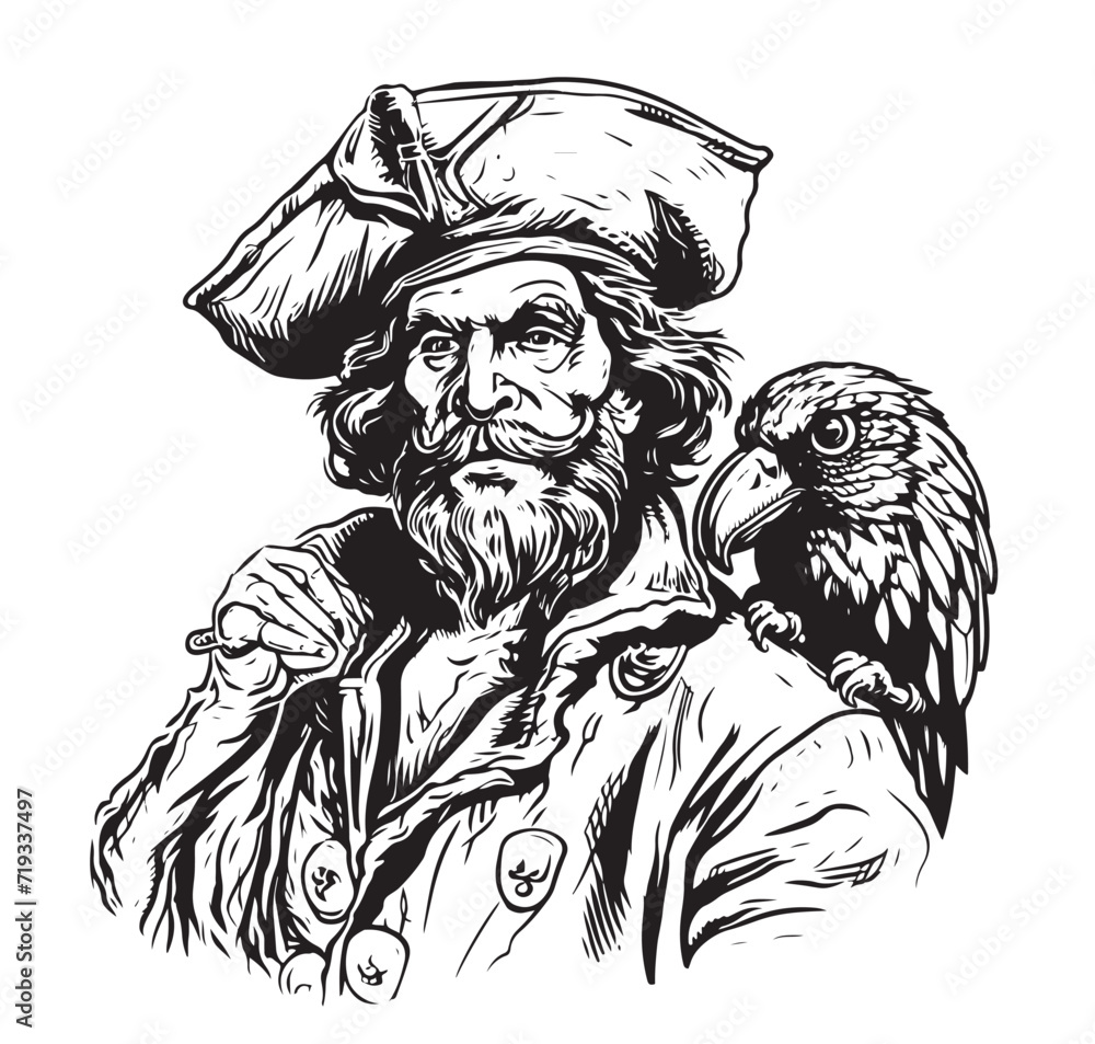 Bearded men with a pirate cap on his head, Hand Drawn Sketch Vector Background.