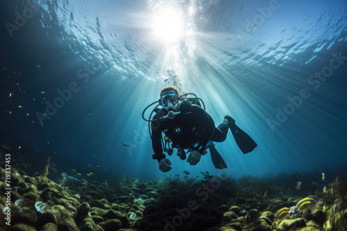 A diving lesson in open water. Scuba diver before diving into ocean.