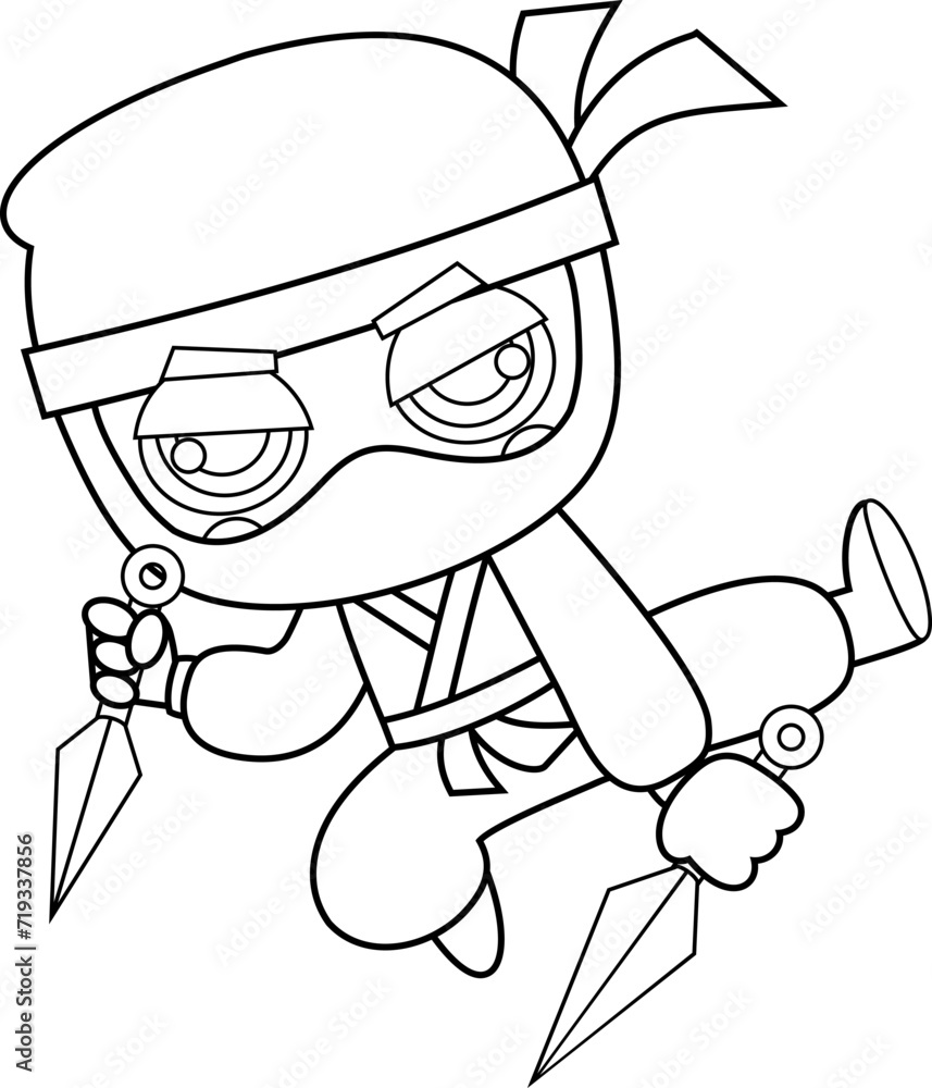 Outlined Cute Ninja Boy Warrior Cartoon Character Jumping With Two
