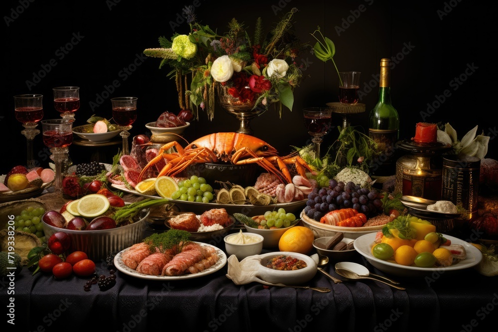 Dinner table decoration with verities food , Delicious holiday food on dinner table AI generated