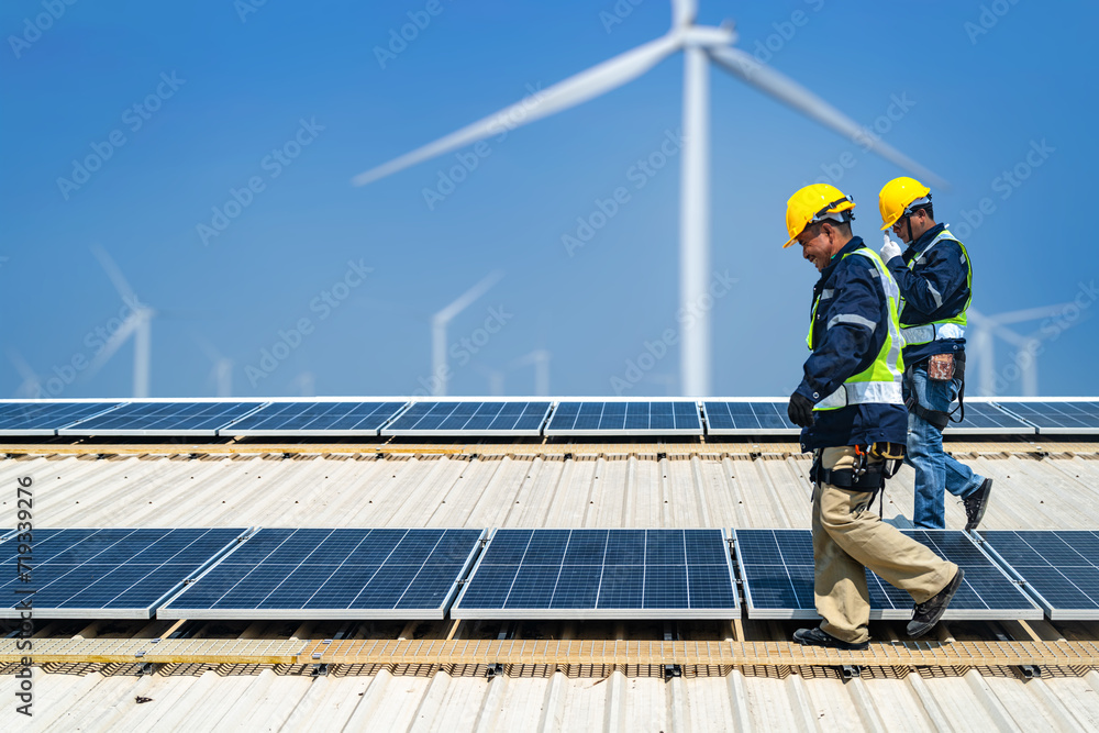 Worker Technicians are working to construct solar panels system on roof with wind turbine on background. Installing solar photovoltaic panel system. Renewable clean energy technology concept. Worker Technicians are working to construct solar panels system on roof with wind turbine on background. Installing solar photovoltaic panel system. Renewable clean energy technology concept.