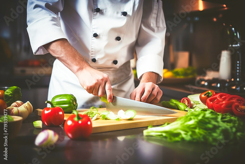 close view of Male chef chopping fresh vegetables