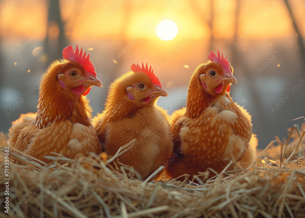 Fototapeta premium Three chickens sit on hay in the rays of the rising sun