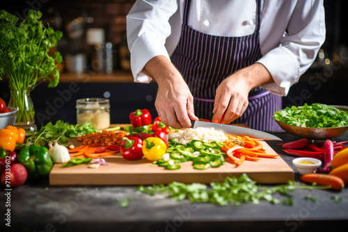 close view of Male chef chopping fresh vegetables