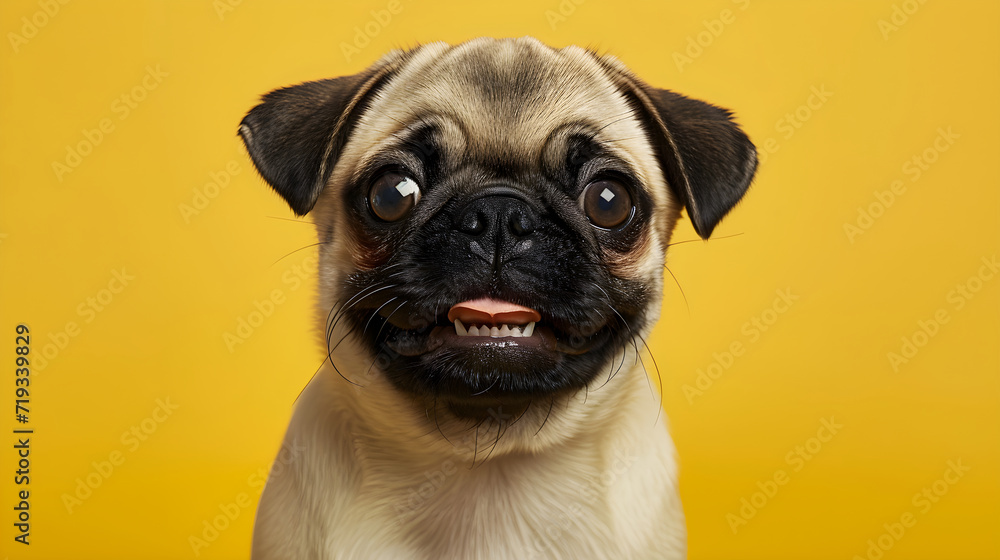 Pug dog isolated on yellow background with copy space. Close up portrait of happy smiling pug face head looking at the camera. Banner for pet shop. Pet care and animals concept for poster, print, card