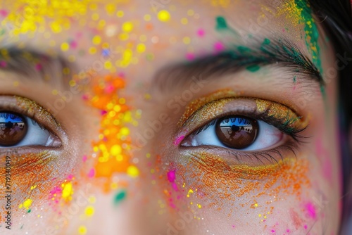 Close up of indian girls eyes on holi festival