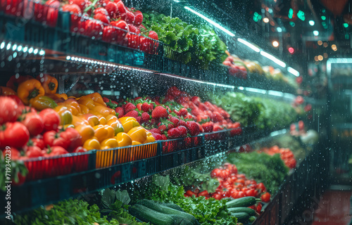 Vegetables and fruits on the shelves in the supermarket. An area with vegetable shelves,