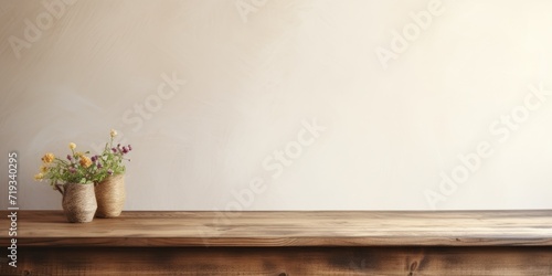 Wooden table and gray wall in the distance.