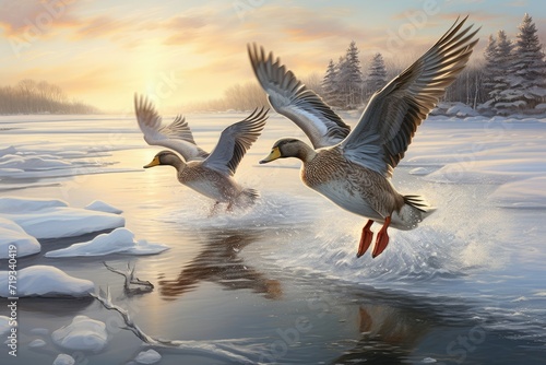 Flock of ducks flying over a frozen lake, Flock of ducks flying over a frozen lake at sunset, winter time,Wild ducks flying over a frozen river, AI generated