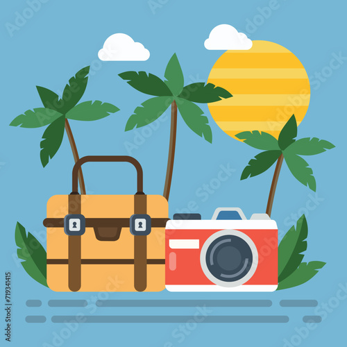 Marketing banner for summer vacations and shopping for tourist trips with items such as suitcase, sun, beach, palm trees, camera, and a summery background. Flat vector illustration.