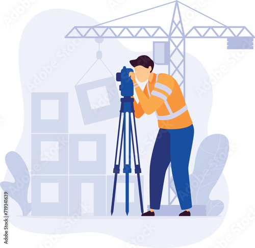 Surveyor with transit theodolite at construction site vector illustration. Engineer operating electronic distance measurement equipment, urban development concept.