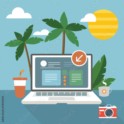 
Work laptop with a beach background featuring palm trees, a soda glass, a camera, and a sunny summer vacation atmosphere. Vector illustration.