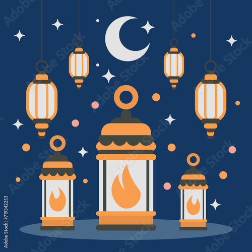 Lanterns oriental ornaments of Arab tradition for Ramadan Kareem, Muslim crescent moon, stars, and elements representing the sacred month of Ramadan for Muslims. Flat vector illustration.