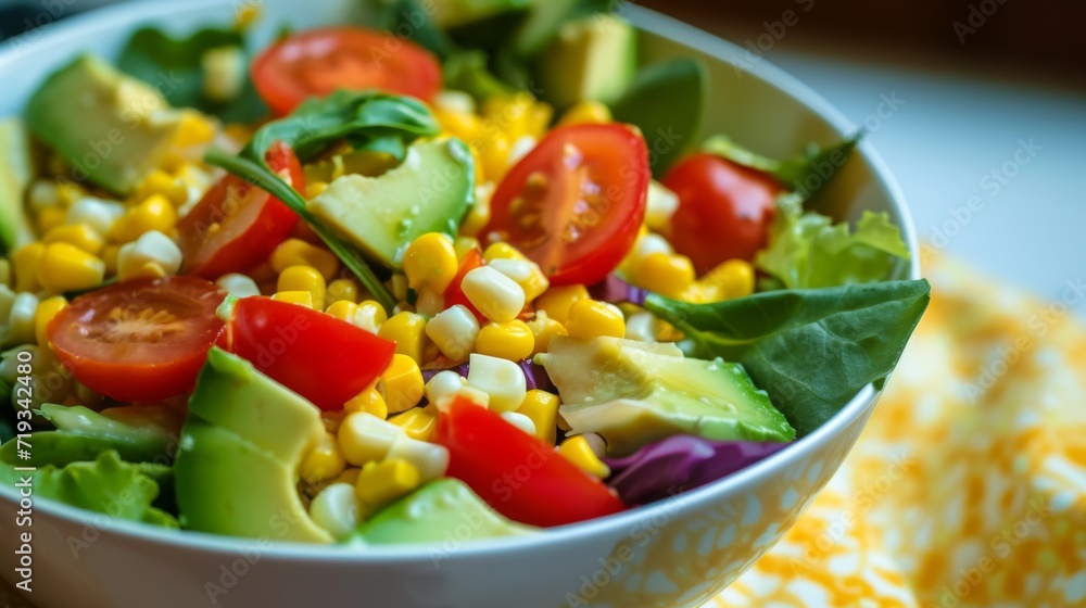 Fresh vegetable salad with avocado, tomatoes, and corn in a ceramic bowl.